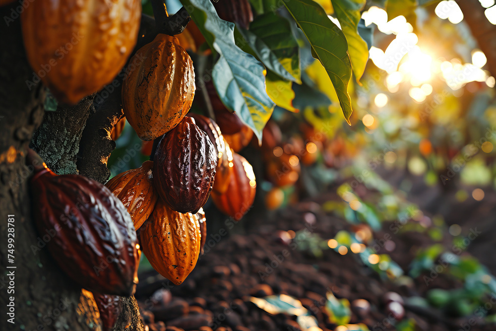 Cocoa bean harvesting scene: cocoa plantation during harvesting. - obrazy, fototapety, plakaty 