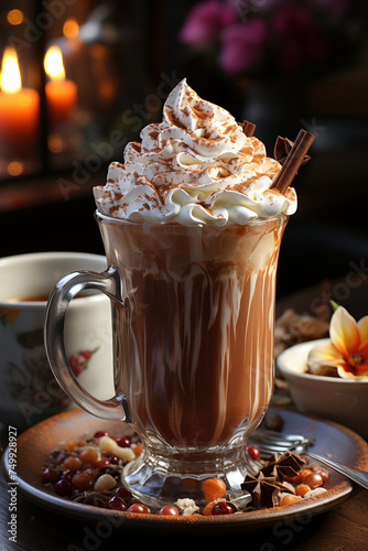 Delicious hot chocolate with whipped cream and cinnamon in a glass mug.
