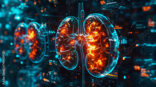 Dark 3d futuristic model of human kidneys, nephrology healthcare concept. Scientific researches and data. Generative AI photo