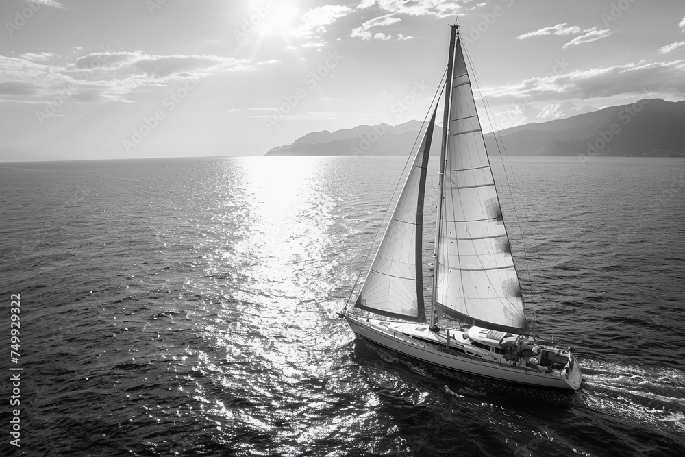 A monochrome shot captures a yacht with billowing sails against the glistening ocean, reflecting the serene beauty of maritime adventures.