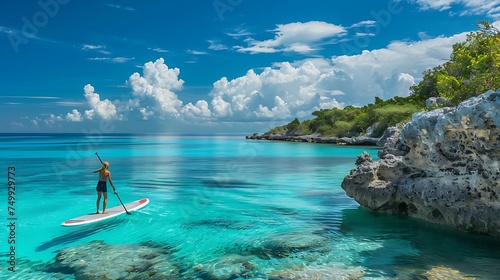 Stand-up paddleboarding in calm turquoise waters, with copy space photo