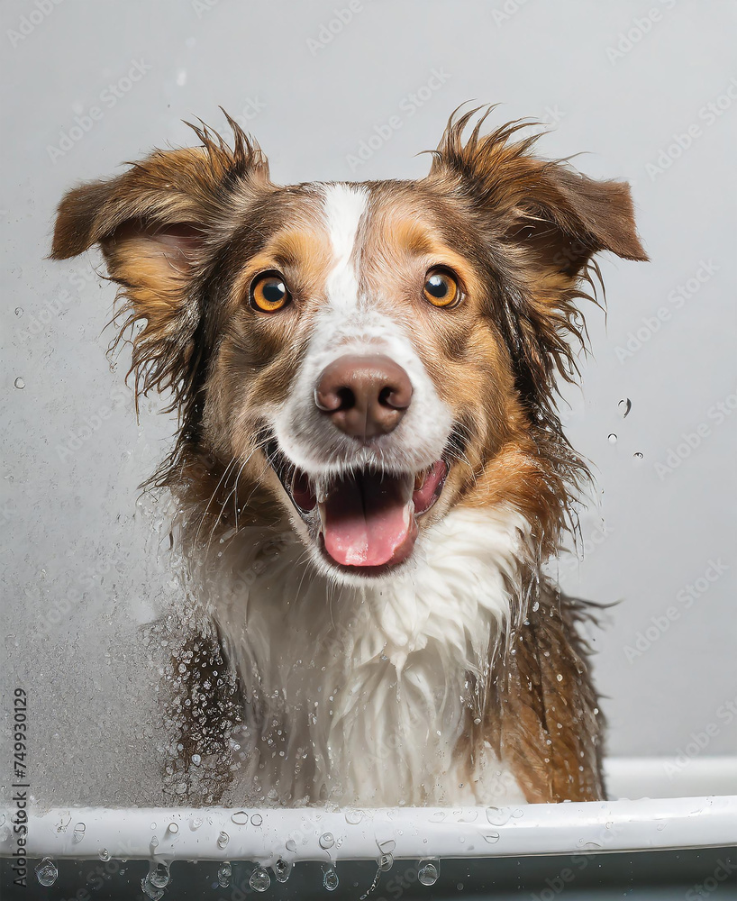 happy dog in bath, studio, drops and water, photography