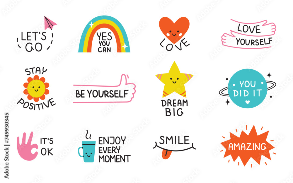 Vector motivational sticker pack. Cute colorful sticker set with positive phrases. Motivation stickers for planner. Collection of colorful illustrations in flat design.