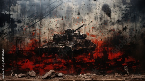 Illustration design of an ancient battle tank, with a red and black background with abstract spotted motifs.