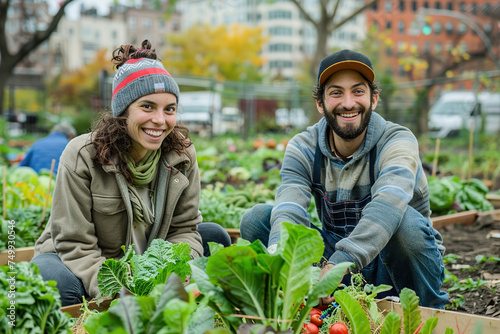 A young people smiles as they harvest fresh vegetables from a community garden plot in the heart of a vibrant city park.