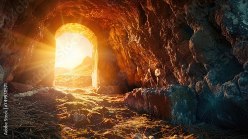 Resurrection of Jesus Christ. Religious Easter background, with strong light rays shining through the entrance into the empty stone tomb. Artistic strong vignette, contrast, dramatic dark-light edit photo