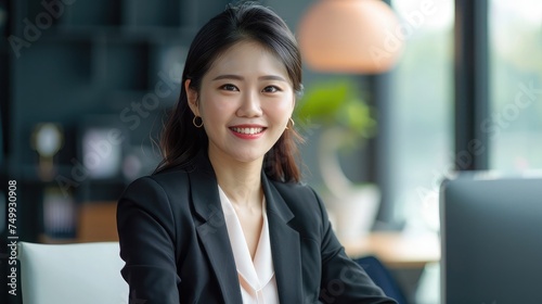 smile beautiful business asian woman suit working office desk computer. Small business sme people employee freelance online start up marketing asian designer telemarket successful banner