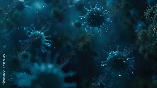 Microscopic view of blue virus particles, depicting medical and scientific research themes.