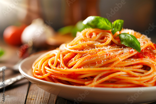 Spaghetti pasta with tomato sauce, mozzarella cheese and fresh basil in plate on wooden background 