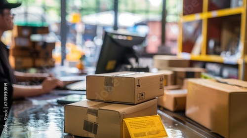 Starting small businesses SME owners man entrepreneurs Write the address on receipt box and check online orders to prepare to pack the boxes, sell to customers, sme business ideas online. © buraratn