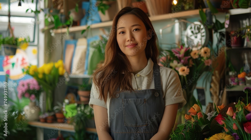 Startup successful sme small business entrepreneur owner asian woman standing with flowers at florist shop service job. Portrait of caucasian girl successful owner environment friendly concept banner