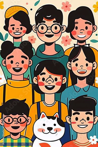 Happe group of people, cute illustration, Generative AI