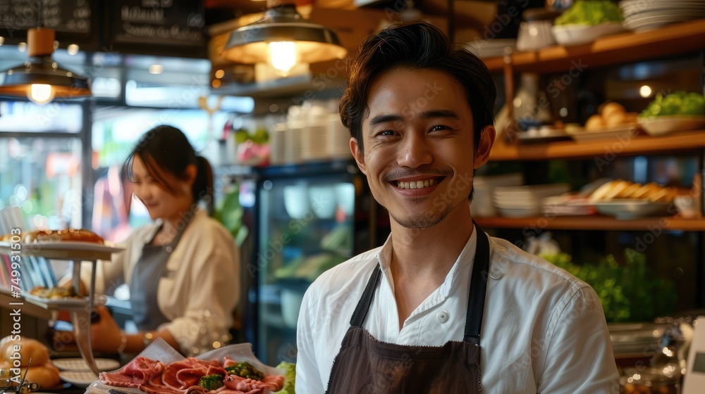 Young Asian man with small business owner at restuarant, startup SME with woman working concept Young Asian man with small business owner at restuarant, startup SME with woman working concept