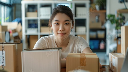 Young Asian small business owner at home office, online marketing packaging and delivery scene, startup SME entrepreneur or freelance woman working at home concept. © buraratn