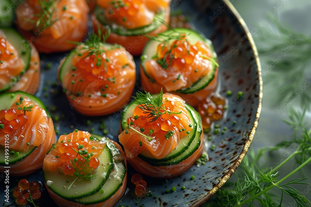 Fresh tartar with salmon, avocado, cucumber and red caviar on white plate, close up Fresh tartar with salmon, avocado, cucumber and red caviar on white plate, close up