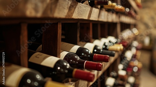 A collection of wine bottles neatly displayed on wooden shelves in a cozy wine cellar, creating an elegant and inviting atmosphere for a special event