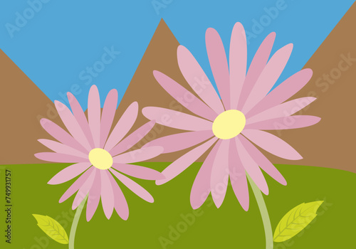 Paisaje de montaña y prados con flores rosas. 
