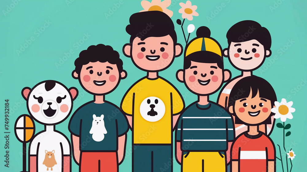 Happe group of people, cute illustration, Generative AI Happe group of people, cute illustration, Generative AI