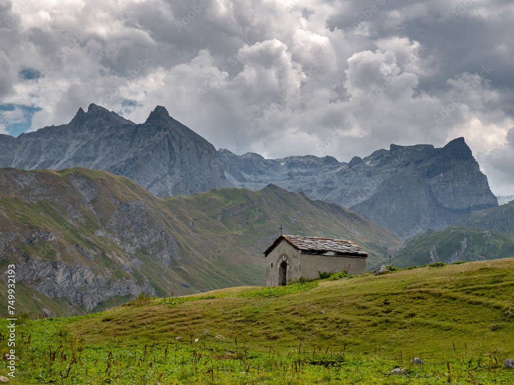 A small chapel close to Glière lake  on a cloudy day in Vanoise National Park, French Alp, Champagny en Vanoise