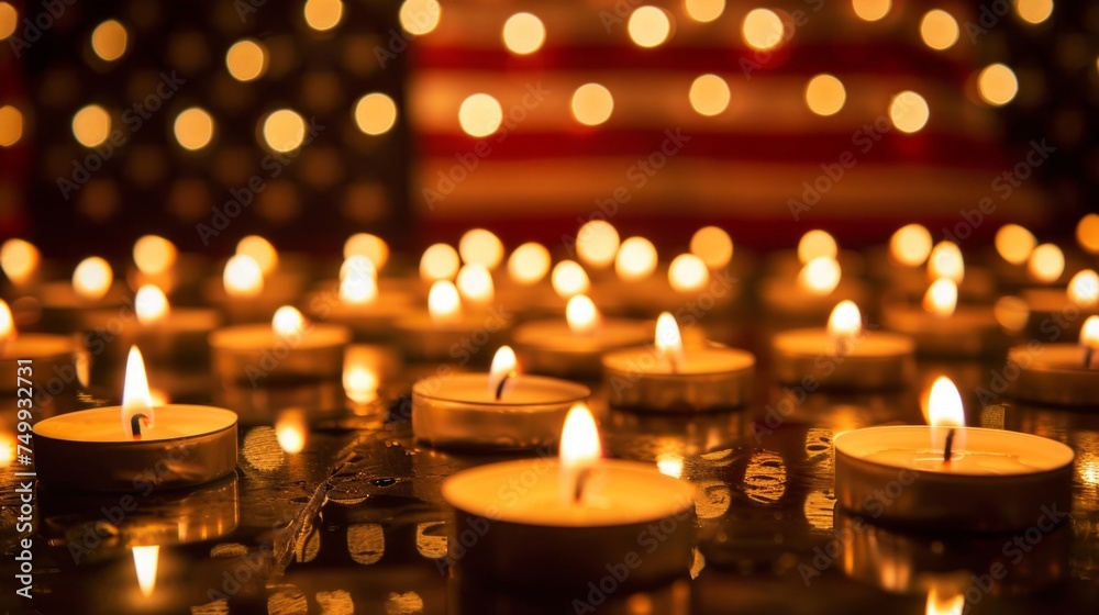 Numerous tealight candles glowing warmly with the American flag in the backdrop. - obrazy, fototapety, plakaty 