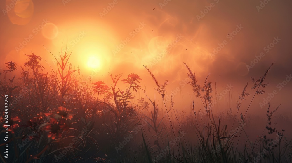 Misty field sunrise. Generative AI