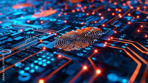 Digital concept of fingerprint identification on a circuit board with illuminated neon blue and red details.