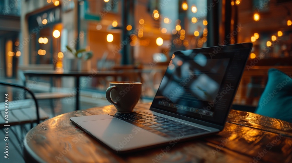 A warmly lit cafe sets the scene for productivity with a laptop open and a steaming cup of coffee. A warmly lit cafe sets the scene for productivity with a laptop open and a steaming cup of coffee.