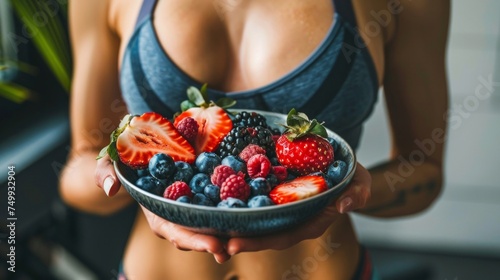 A fit woman holds a bowl of mixed berries, highlighting a concept of healthy eating and lifestyle.