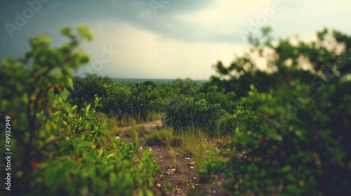 A peaceful walking trail meanders through vibrant green foliage, inviting tranquility and exploration.