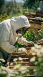 Close-up of a beekeeper in action, showcasing the dedication to beekeeping and environmental care, suitable for educational and ecological use.