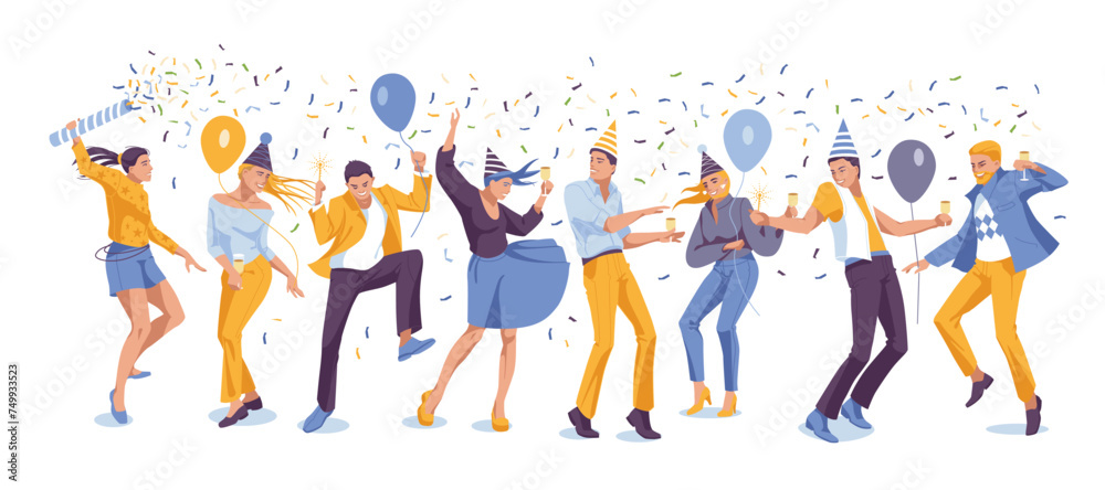 Party people celebrate their birthday. Different dancing funny characters isolated on white background. Vector flat illustration
