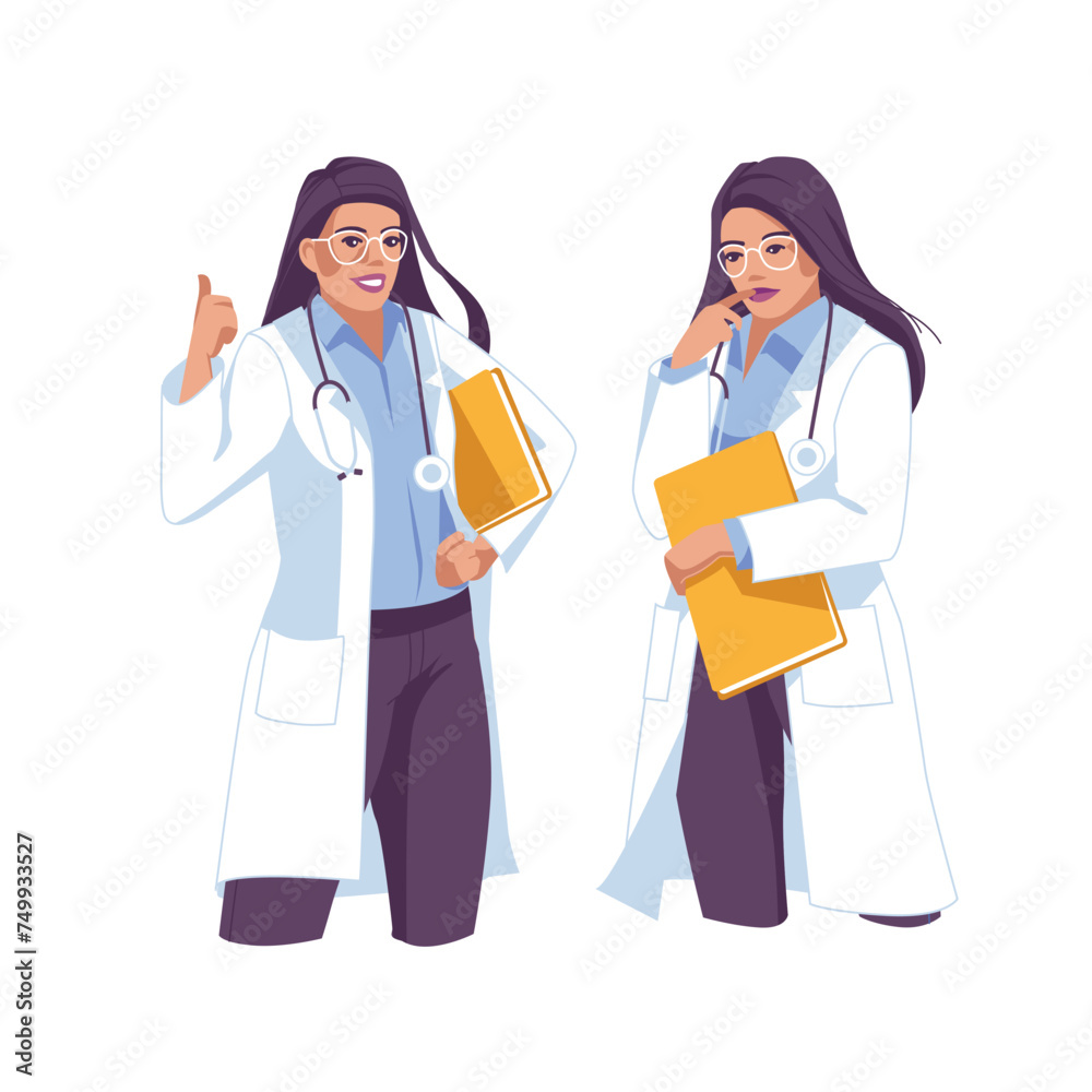 The woman doctor is in two different poses: pondering and finding a solution. Vector flat illustration The woman doctor is in two different poses: pondering and finding a solution. Vector flat illustration