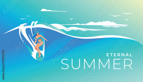 A girl is surfing on a blue wave. Traditional summer vacation by the sea. Blue daytime sky. Travel and leisure advertising horizontal banner. Vector illustration