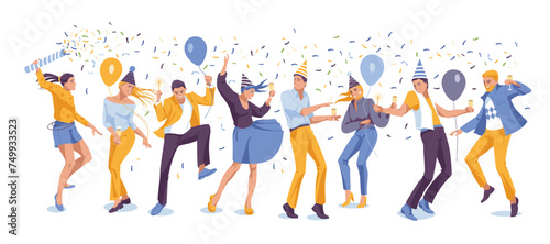 Party people celebrate their birthday. Different dancing funny characters isolated on white background. Vector flat illustration