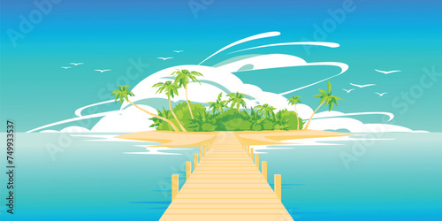 Ocean tropical landscape paradise. Wooden path to the island with palm trees. Bright sunny day. Traditional sea route and travel. Vector illustration
