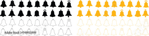 Bell silhouette flat and line icon set. Incoming inbox message ringing, notification for clock and smartphone, alarm alert black and yellow vector collection isolated on transparent background.