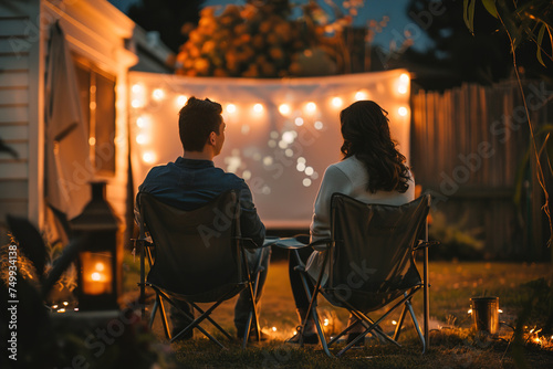 Projector for an outdoor movie night under the stars, string lights and blankets, popcorn bowls. photo
