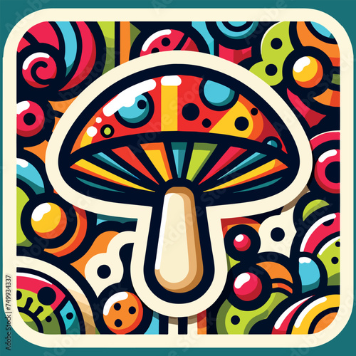 Stickers, bright colored magic mushroom, empty background. Generative AI
