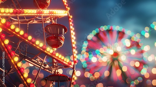 Seaside carnival with bright lights and Ferris wheel, with copy space