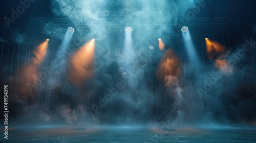 Theater lights and smoke. Generative AI photo