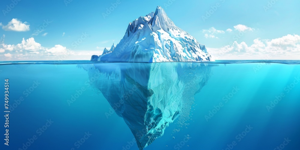 An icebergs tip and submerged section glisten in the sunlit North Sea. - obrazy, fototapety, plakaty 