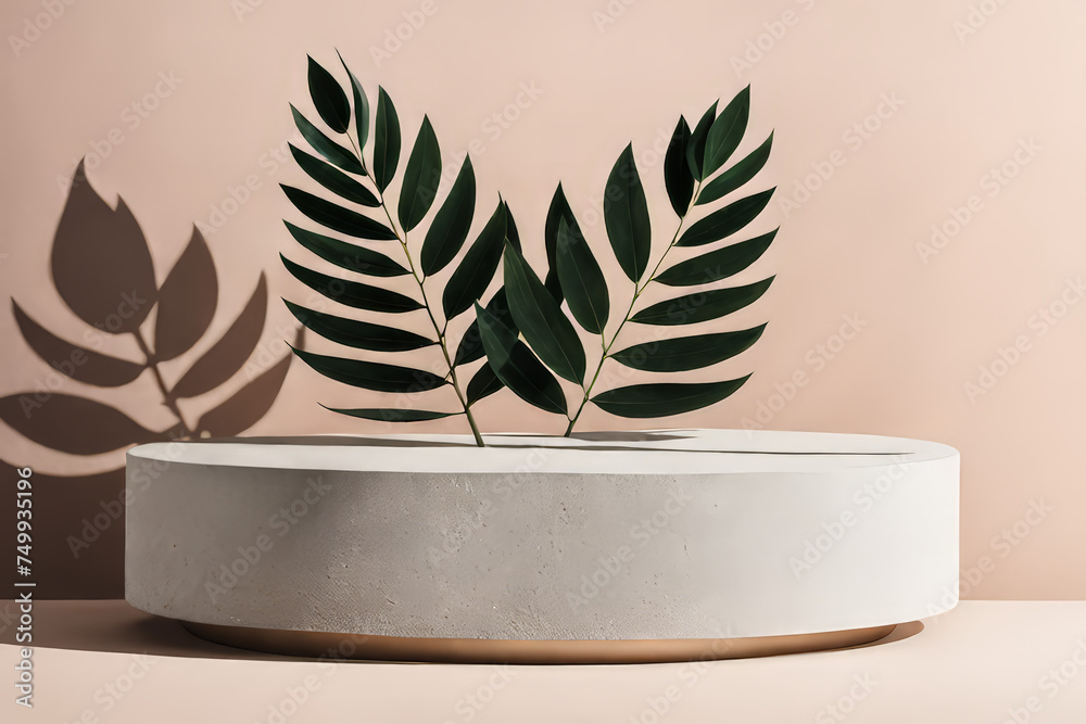 Minimal podium with abstract luxury plant backdrop, ideal for social media banners, promotions, and cosmetic product showcases. The 3D rendering scene, offering an elegant setting. - obrazy, fototapety, plakaty 