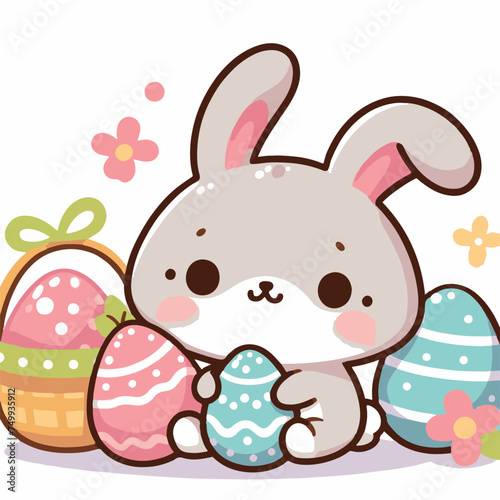 Little Rabbit With Easter Eggs Vector Illustration