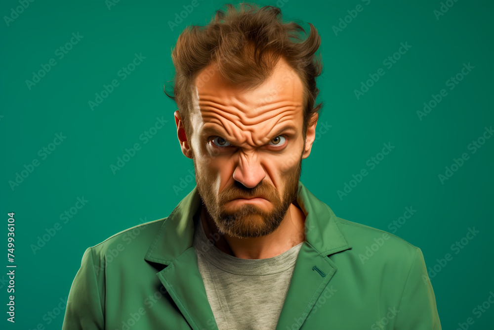 Fototapeta premium Portrait of angry man isolated on green background
