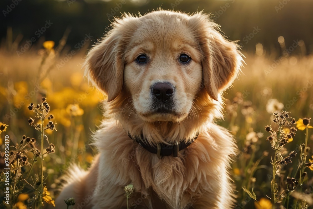 A fluffy golden retriever puppy with big brown eyes, sitting in a field of wildflowers