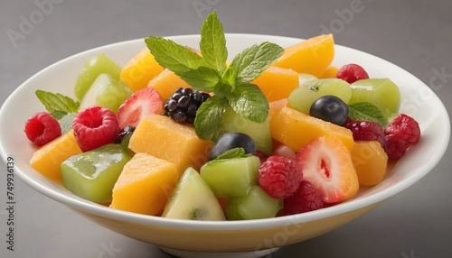 professionally styled fruit salad featuring mint  evoking a sense of refinement and opulence  ideal for businesses showcasing wellness or upscale culinary offerings 