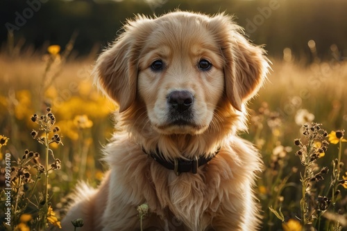A fluffy golden retriever puppy with big brown eyes  sitting in a field of wildflowers