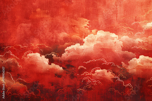 New Year and Spring Festival national tide auspicious cloud pattern illustration background, traditional auspicious cloud pattern red background