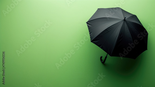 Black umbrella on a vibrant green background, suggesting protection