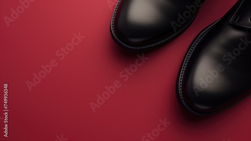 Black polished men's dress shoes against a bold red background